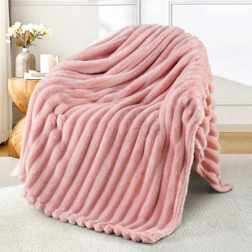 Exclusivo Mezcla Fleece Throw Blanket for Couch, 50"x60" 3D Striped Jacquard Lightweight Pink