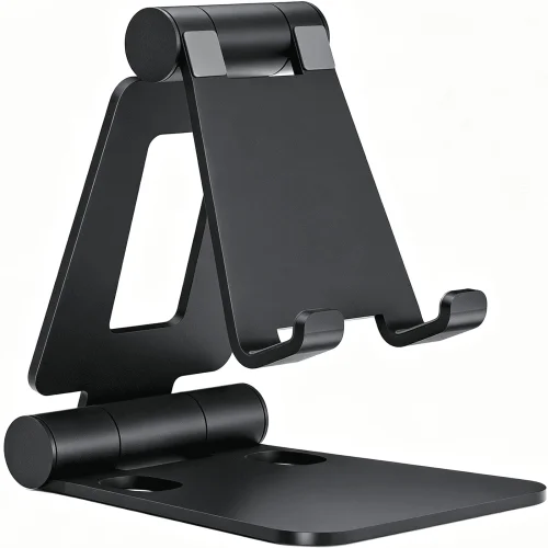 Full Aluminum Dual Folding Cell Phone Stand for Desk, Height Angle Adjustable, Portable, Anti-Slip Base Phone Holder, Fits 18mm Thick Case Smartphone, Nintendo Switch Desk Essential Accessory, Black