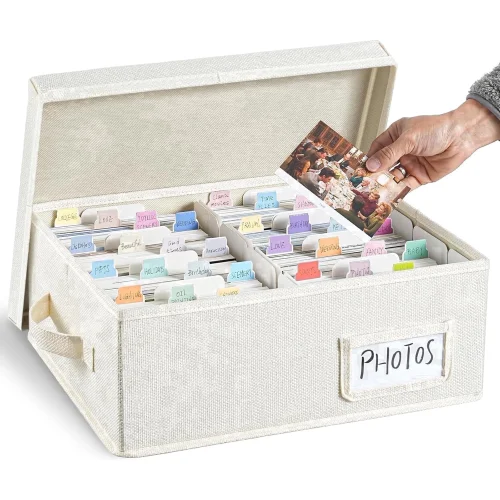 VOZOGO Photo Storage Box with Lid, Sturdy Linen Decorative Organizer with Dividers, Beige, 14x12x5