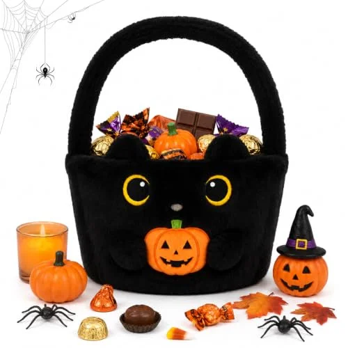 Halloween Basket, Black Cat Holding a Pumpkin Basket Trick or Treat Bucket | Empty Halloween Spooky Decorative Storage with Handle,Boo Candy Bowl Halloween Party Gift Toy Bins