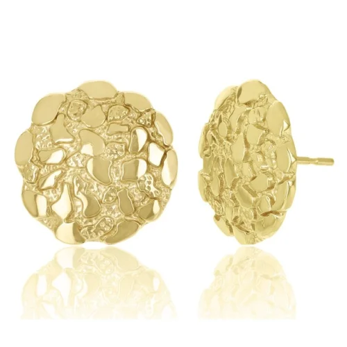 10k Yellow Gold Solid Round Stud Nugget Earrings 15mm 3.2 grams