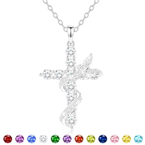 APSVO 925 Silver Plated Butterfly Cross Necklaces for Women April Birthstone Pendant Chain with Crystal Birthday Christmas Jewelry Gifts Teen Girls Stocking Stuffers Kids