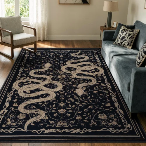 Moynesa 5'x7' Vintage Snake Area Rug, Washable Black Floral Rug for Living Room Bedroom Dining Room Home Office, Botanical Statement Accent Carpet, Ultra Soft Non Slip Stain Resistant Low Pile