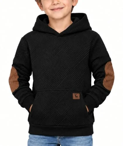ZITY Boys Textured Pullover Hoodie Long Sleeve Sweatshirts 6-15 Years Black | Lightweight, Textured Fabric, Kangaroo Pocket, Elbow Patch, Ribbed Cuffs, for School, Casual, Outdoor, Fall Winter Wear