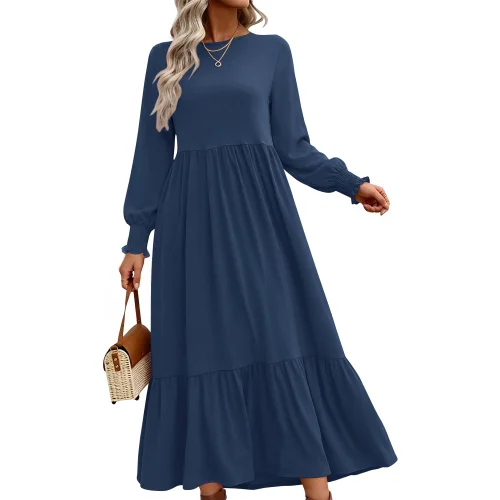 UVN Fall Long Dress for Women Crewneck Casual Long Sleeve Pleated Maxi Dress with Side Pockets
