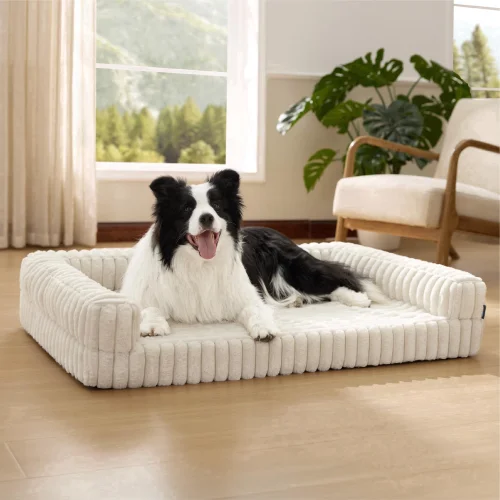 U By Bedsure Large Orthopedic Dog Bed, Waterproof Egg-Crate Foam Pet Sofa Bed with Bolster Sides, Washable Soft Flannel Cover, Non-Slip Bottom, Cream