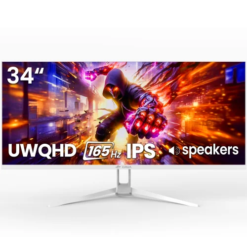 CRUA 34" WQHD 165Hz Ultrawide Gaming Monitor, 3440x1440 21:9 IPS Display with Built-in Speakers - White