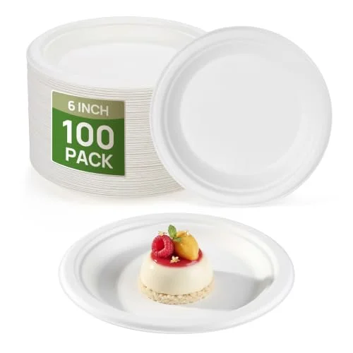 Goodluck 6 Inch White Compostable Sugarcane Paper Plates, 100 Pack | 100% FSC Certified Bagasse Plates, Heavy Duty, Eco Friendly Disposable Dinnerware for Party, Wedding, BBQ & Everyday Use