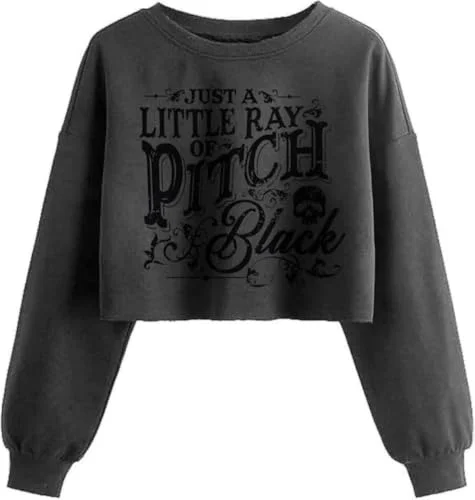Nigbriz Women's Little Ray of Pitch Halloween Sweatshirt，Dark Grey-3，L | Fall Halloween Skull Graphic Crop Sweatshirt Spooky Season Lantern Long Sleeve Pullover Holiday Family Matching Crew Neck Top