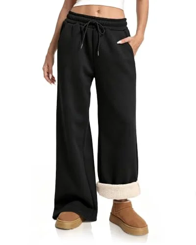 Womens Wide Leg Sweatpants, Thermal Fleece Lined Baggy Pants with Pockets | Winter Straight Leg Sweat Pants for Cold Weather, Warm Athletic Casual Lounge Pants, Gift Ideas & Stocking Stuffers for Women