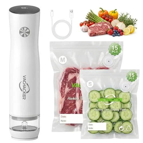 Compact Handheld Vacuum Sealer with 30 Reusable Bags for Food Storage, Sous Vide, and Meal Prep