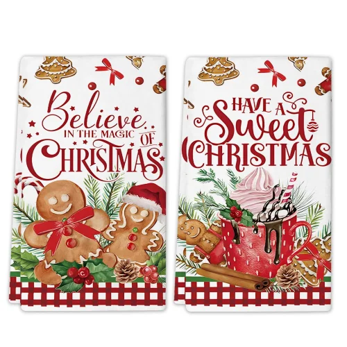 2-Pack Merry Christmas Cute Gingerbread Man Kitchen Dish Towels, 16 x 27.5 Inch Polyester Cloth