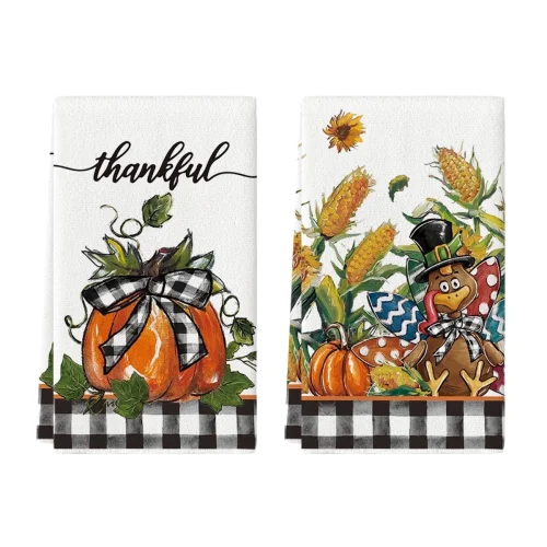 2-Piece Sm:)e Thankful Buffalo Plaid Turkey Pumpkin Thanksgiving Kitchen Dish Towel Set