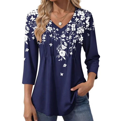 Fantaslook 3/4 Length Sleeve Womens Tops Dressy Casual Boho Blouses V Neck Pleated Tunic Work Shirt