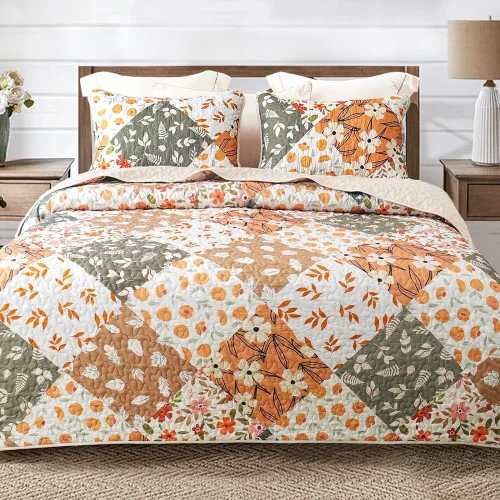 Whale Flotilla Reversible Patchwork Twin Size Quilt Bedding Set with 1 Pillow Sham, Orange