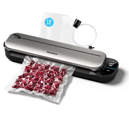 Mesliese Vacuum Sealer Machine Compact One-Touch Automatic, Dry/Moist Food | Food Sealer with 10 Bags & Built-in Steel Cutter, Vacuum Hose, External Vacuum for Jars
