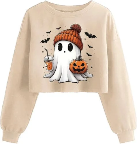 Nigbriz Womens Fall Halloween Ghost Graphic Crop Sweatshirt, Beige, Small Long Sleeve Pullover