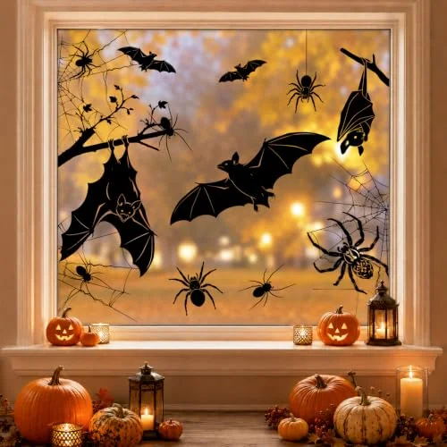AhfuLife Large Halloween Window Clings Decorations, 12.6 x 35.4 in, 5 Sheets Scary Bat Spider Cobweb Window Stickers Double‑Sided Extra Large Silhouette Reusable Decals for Halloween Home Party Indoor