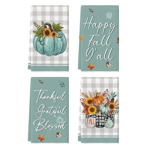 4-Piece Sm:)e Home Sweet Home Blue Pumpkin Blessed Thankful Grateful Fall Thanksgiving Dish Towels