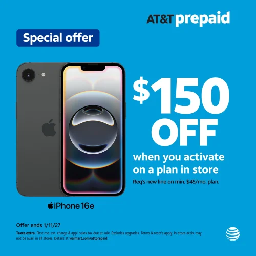 AT&T Apple iPhone 16e, 128GB, Black - Prepaid Smartphone [Locked to AT&T]