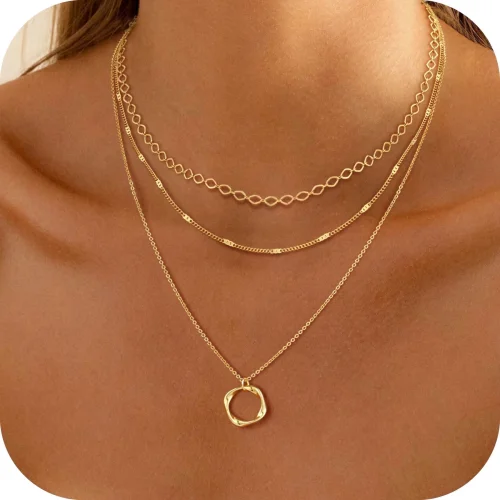 GOSFRY Layered Necklace Set for Women Dainty 14K Gold Plated Oval Paperclip Chain Circle Pendant