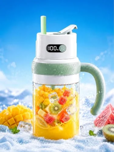 Becvtoz Portable Juicer Blender Cup, USB-C Rechargeable, Green | LED display, cordless use and dual lids for fruit drinks, protein shakes and small ice cubes; 500ml max blending.