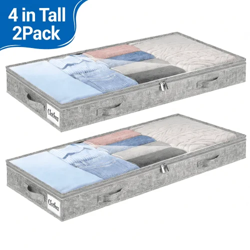 2-Pack Under Bed Storage Containers, 20x40x4 Inch Low Profile Foldable Shallow Organizer with Lid