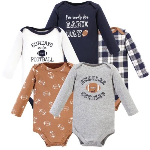 5-Pack Hudson Baby Infant Boy Cotton Long-Sleeve Bodysuits, Football Huddles Design, Newborn