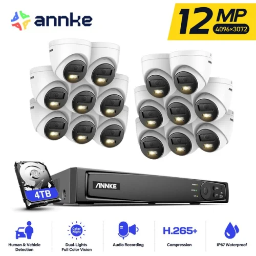 ANNKE 12MP PoE Security Camera System with 16CH NVR, Color Night Vision, and Audio Recording IP67