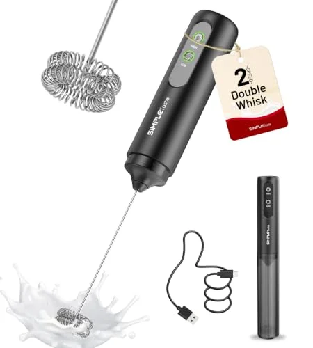 SIMPLETASTE 2-Speed Rechargeable Milk Frother Handheld | Dual Coil Whisk Head Electric Coffee Frother Wand Drink Mixer for Matcha Lattes Cappuccino, Kitchen Gifts