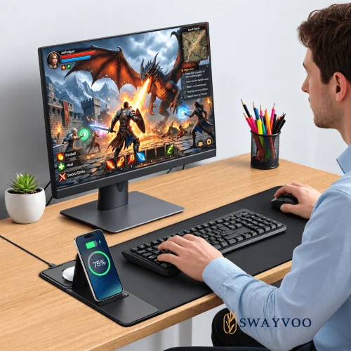 Swayvoo Gaming Mouse Pad with Wireless Charging, Waterproof Desk Mousepad with Phone Holder, 15W Fast Charging Large Computer Keyboard Mat for Home, Office