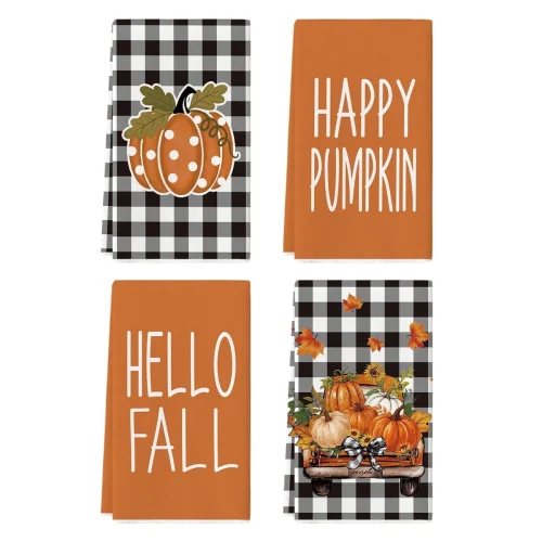 Sm:)e Striped Hello Pumpkin Maple Leaf Happy Fall Kitchen Dish Towels 4 Set 18 x 26 Inch