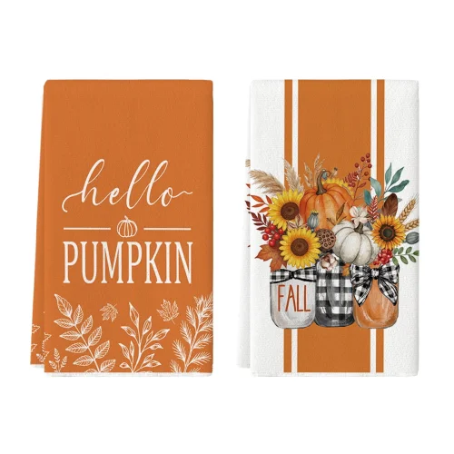 2-Pack Sm:)e Floral Hello Pumpkin Fall Leaves Orange Thanksgiving Kitchen Dish Towels 18x26 Inch