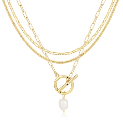 GOSFRY Layered Necklace for Women Dainty 14K Gold-Plated O-Chain Bead Rope Flat Bead Simulated Pearl