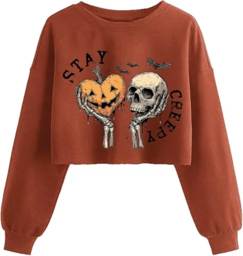 Nigbriz Womens Halloween Stay Creepy Graphic Crop Sweatshirt, Brown, Large Long Sleeve Pullover