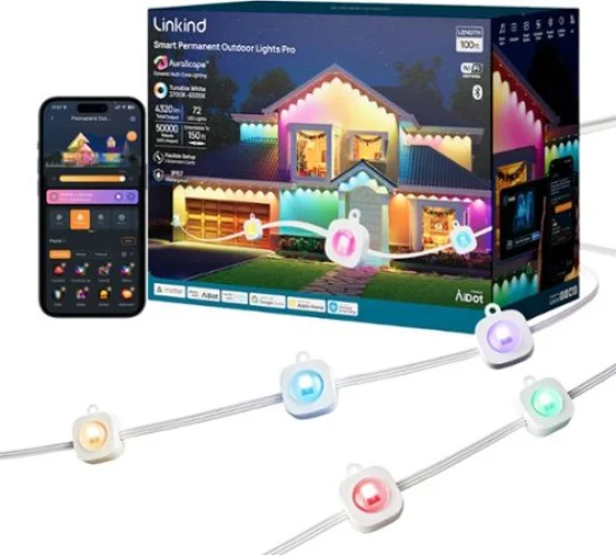 Linkind - 100ft Smart Permanent Outdoor Lights Pro with 72 LED Lights, RGBTW, Music Mode, Matter, IP67, Halloween & Christmas - White