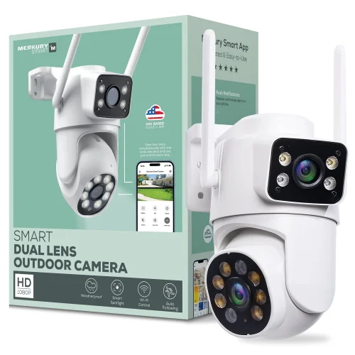 Merkury Smart Outdoor Camera 1080p - Dual Lens Pan-Tilt Security Cam, White (1-Pack)