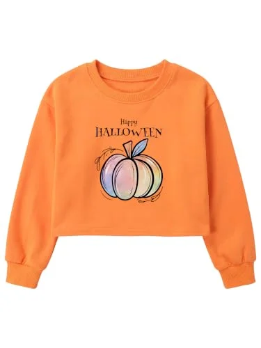 Girls Halloween Pumpkin Sweatshirt Long Sleeve Pullover Orange, 9-10Y | Sparkly Ghost Pumpkin Crop Crewneck Pullover, Soft & Breathable, Matches Jeans or Leggings, for School, Parties & Outings
