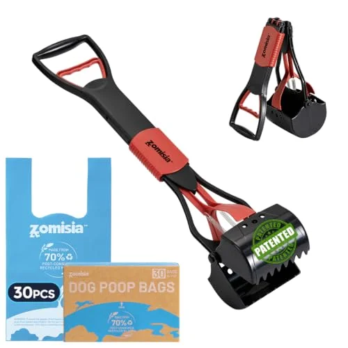 ZOMISIA 26" Long Handle Pooper Scooper with 30 Count Waste Bags | Sturdy & Durable Large Dog Poop Scooper &ndash; Lightweight One-Handed, Easy Pickup on Grass, Gravel & All Surfaces, Less Bending