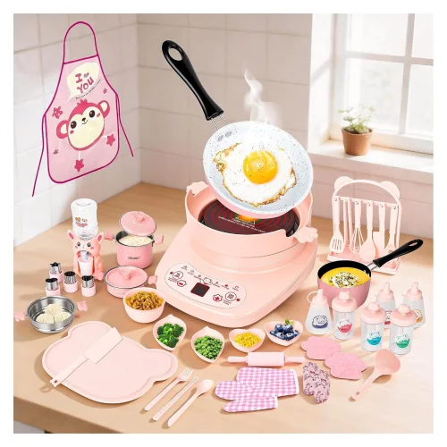 42-Piece Mini Real Cooking Set for Teens with Hot Plate Kit, Utensils, Apron, and Pots in Pink