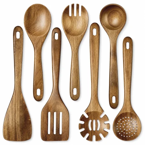 Walchoice 7-Piece Wooden Kitchen Utensil Set for Nonstick Cookware with Acacia Wood Construction