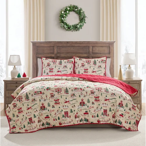 Hallmark Multi Christmas Village 3-Piece Adult Holiday Quilt Set, Full/Queen