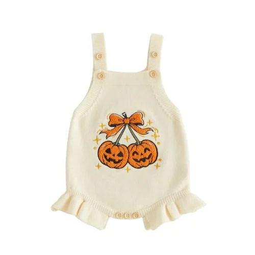 FYBITBO Baby Sweater Knit Romper Newborn Girl Halloween Pumpkin Sweaters Outfit (Halloween pumpkin bowknot, 0-3 Months)