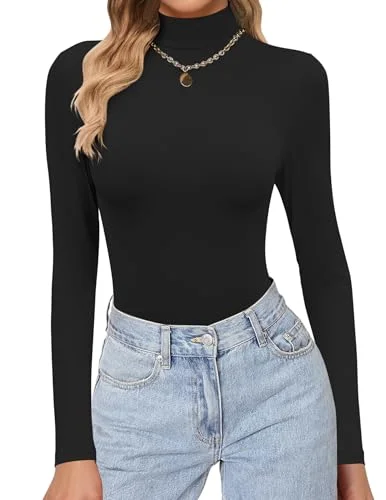 Ekouaer Womens Turtleneck Shirts Long Sleeve Lightweight Fitted Thermal Mock Neck Base Layer Tops