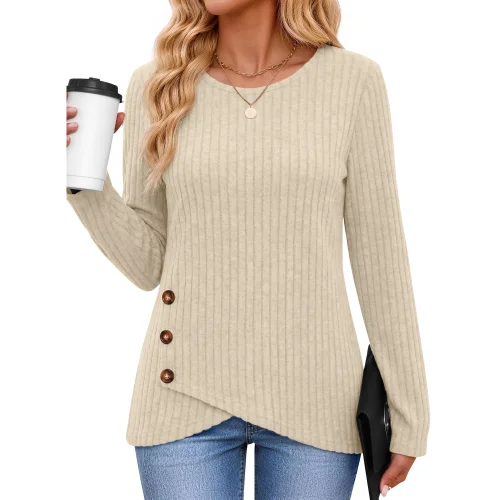 Fantaslook Casual Long Sleeve Crew Neck Tunic Top for Women with Buttons and Asymmetrical Hem