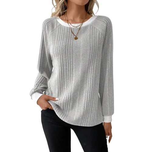 SHIBEVER Long Sleeve Shirts for Women Fall Tops Lightweight Clothing Trendy Winter Clothes Tunic Crew Neck Grey L