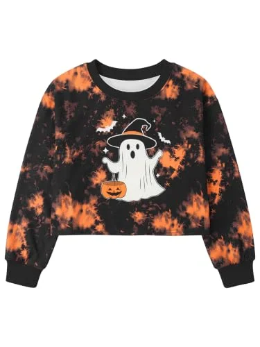 Girls Halloween Pumpkin Sweatshirt Long Sleeve Pullover Orange Gost, 13-14Y | Sparkly Ghost Pumpkin Crop Crewneck Pullover, Soft & Breathable, Matches Jeans or Leggings, for School, Parties & Outings