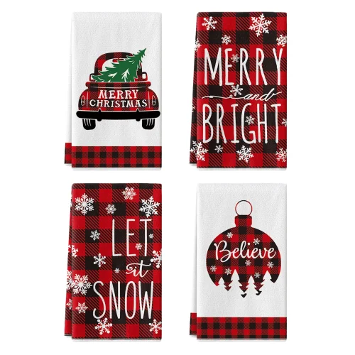 Sm:)e Snowflake Tree Ornament Car Buffalo Plaid Christmas Kitchen Dish Towels 18 x 26 Inch Set of 4,Holiday Themed Winter Hand Towels for Kitchen and Dining Table