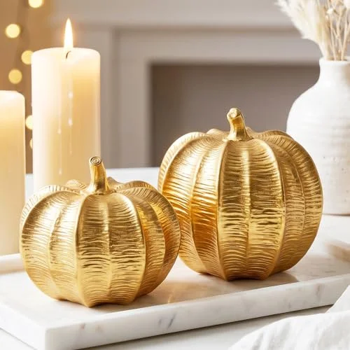 Gold Pumpkins Fall Decor, 2Pcs Thanksgiving Decorative Pumpkin Figurines | Small Resin Pumpkins Fall Decoration for Thanksgiving Home Table Centerpiece, Mantel