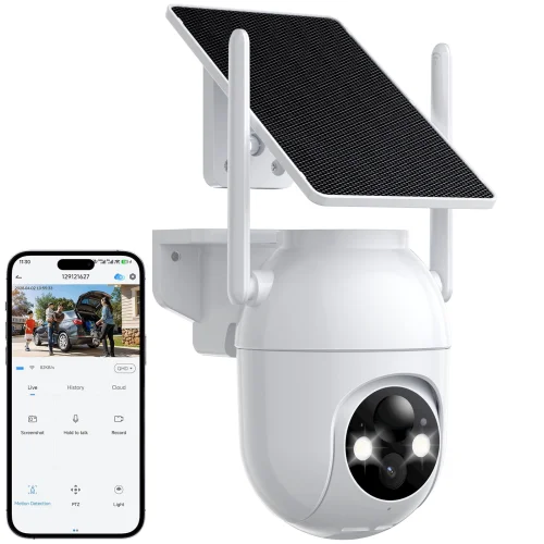 Security Cameras Wireless Outdoor WiFi, Solar Battery Surveillance Cameras, 360&deg; View, White